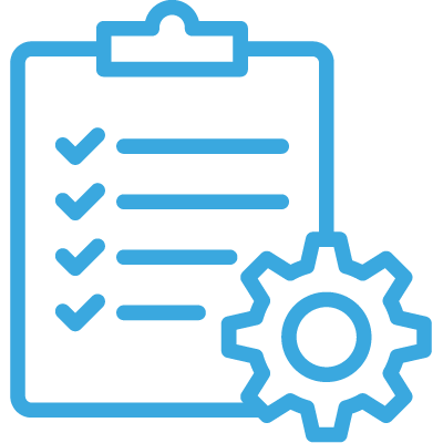 Clipboard icons with 4 checked list items and a gear